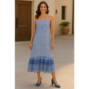 Knox Rose Blue White Paisley Print Hi Low Sleeveless Bohemian Tank Dress, Sm.